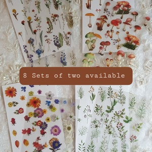 Floral Sticker Sheets/Flower Stickers/Vintage Ephemera/Roses/Leaves/Berries Mushrooms/Journal Planner/Plant/Washi/Clear Stickers - 2 sheets