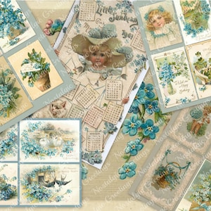 Kit de carnet à imprimer bleu éphémère/cartes de myosotis/cartes postales vintage victoriennes pour enfants/oiseaux/fleurs bleues/minable/17 modèles/téléchargement