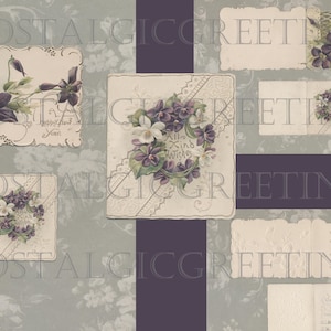 Druckbare DIGITALE Vintage Weihnachtskarten - Viktorianische / Veilchen / Lila Blumen / Floral geprägte Spitze, Journal Tags / Scrapbook Ephemera DOWNLOAD
