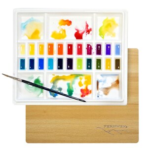 Porcelain Watercolor Palette with Wooden Lid - 28 Wells (12x10 Inch)