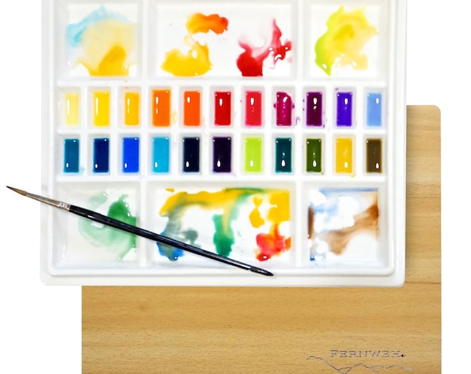 Porcelain Watercolor Palette with Wooden Lid - 28 Wells (12x10 Inch)