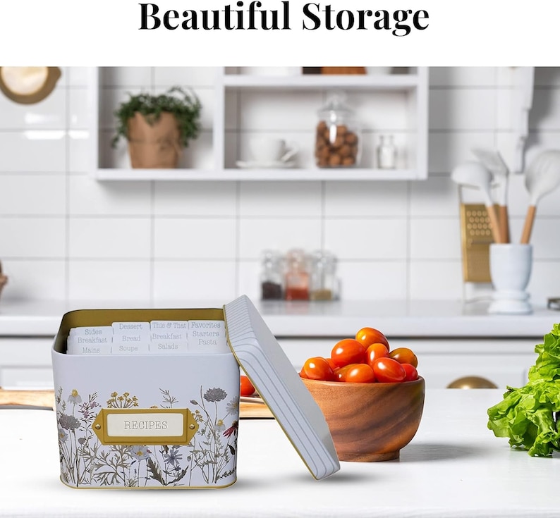 FERNWEH4U Wildflower Tin Recipe Box Holder with 100 4x6 Cards and 12 Dividers | Beautiful Decorative Tin Box Flower Gift for Kitchen