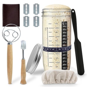 Complete Sourdough Kit with Tools | Bread Lame, Dough Scraper, Covers, Glass Starter Jar | Bread Making Baking Supplies | All-In-One Set