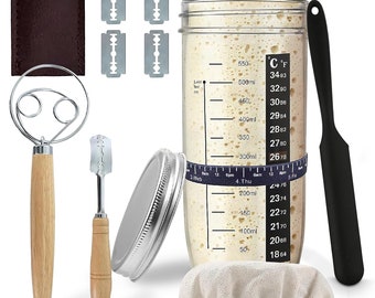 Complete Sourdough Kit with Tools | Bread Lame, Dough Scraper, Covers, Glass Starter Jar | Bread Making Baking Supplies | All-In-One Set
