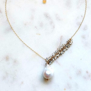 Baroque Pearl Gold Necklace; Pearl with Rosary Chain, Pearl Pendant with Rosary and 14K Gold Fill chain