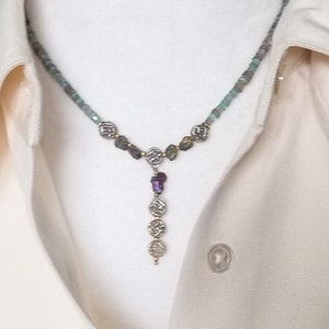 Apatite, Labradorite, AB Pyrite, Handmade Silver Beads, 24K gold plated seed beads adjustable necklace