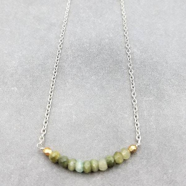 Gemstone Bar Necklace with Moss Aquamarine, gold tone accents and Sterling Silver Chain, Minimalist Necklace