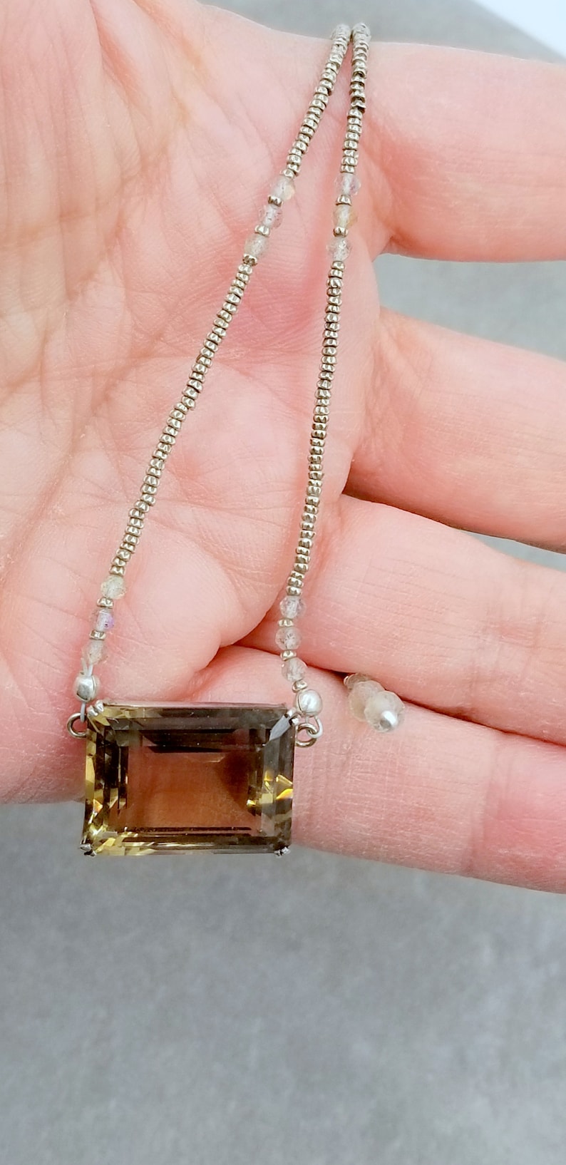 Smokey Quartz Pendant Necklace with Tiny Thai Silver and Labradorite Emerald Cut Smokey Quartz with Labradorite and Thai Silver Necklace