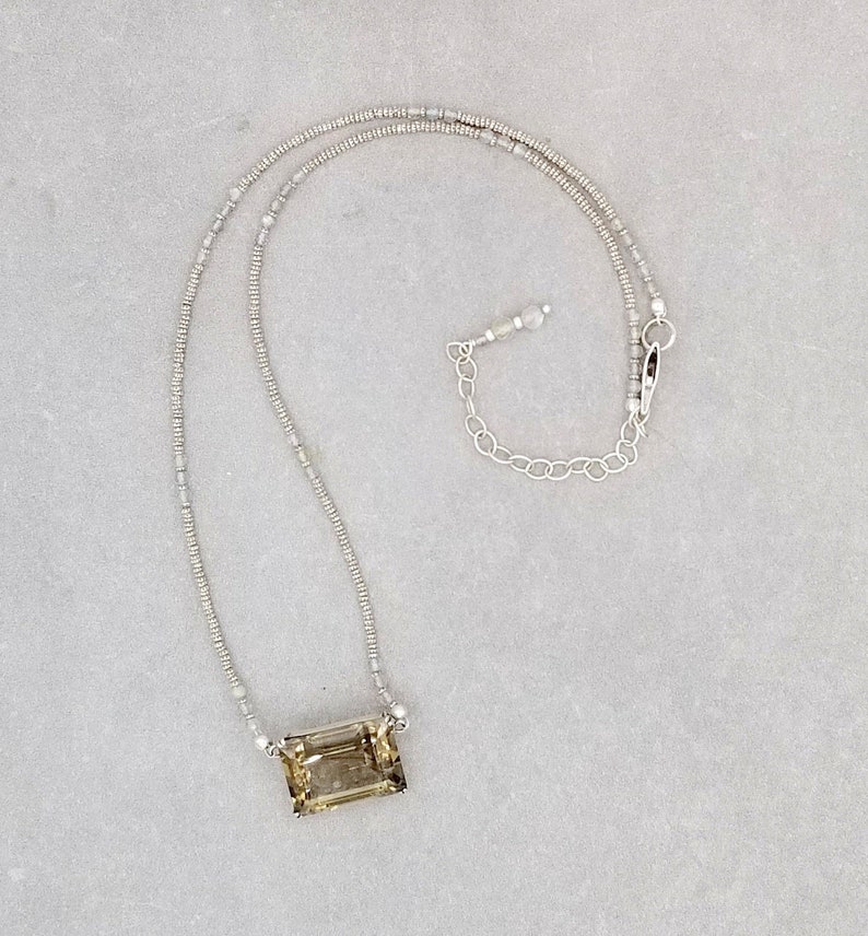 Smokey Quartz Pendant Necklace with Tiny Thai Silver and Labradorite Emerald Cut Smokey Quartz with Labradorite and Thai Silver Necklace