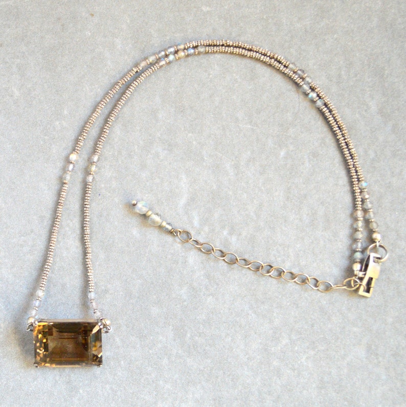 Smokey Quartz Pendant Necklace with Tiny Thai Silver and Labradorite Emerald Cut Smokey Quartz with Labradorite and Thai Silver Necklace