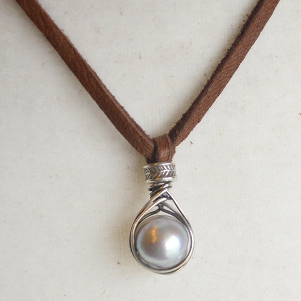 Pearl Necklace // Wrapped Pearl on Leather Necklace // Oxidized Silver Wrapped Pearl Necklace // Leather and Pearl Necklace