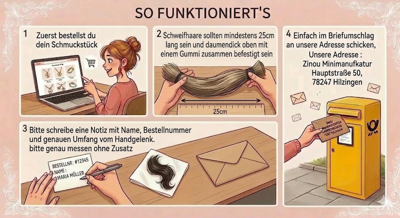 K&ouml;nnte beinhalten: Eine Infografik mit dem Titel SO FUNKTIONIERT'S, die vier Schritte f&uuml;r eine Schmuckbestellung zeigt. Sie illustriert die Online-Bestellung, das Vorbereiten einer 25cm langen Haarstr&auml;hne, das Notieren der Bestelldaten und den Postversand.