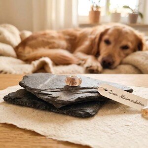 Puede incluir: Una cuenta transparente con la palabra "Leo" descansa sobre dos piedras de pizarra gris oscuro. Una peque&ntilde;a etiqueta con el texto "Zinou Minimanufaktur" est&aacute; al lado de las piedras. Un perro golden retriever descansa en el fondo.