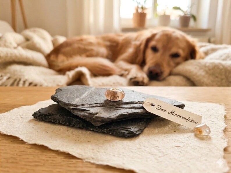 Puede incluir: Una cuenta transparente con la palabra "Leo" descansa sobre dos piedras de pizarra gris oscuro. Una peque&ntilde;a etiqueta con el texto "Zinou Minimanufaktur" est&aacute; al lado de las piedras. Un perro golden retriever descansa en el fondo.