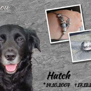 Puede incluir: Un perro negro con una expresi&oacute;n feliz es la imagen central. Dos fotos insertadas muestran una pulsera con un dije que dice "Hutch". El texto "Hutch" y las fechas tambi&eacute;n est&aacute;n incluidos. El fondo es una textura de piedra gris.