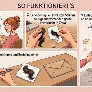 Puede incluir: Gu&iacute;a ilustrada que muestra los pasos para pedir joyas. Una mujer pide joyas en un port&aacute;til, luego se mide un mech&oacute;n de pelo de 2 cm. Se escribe una nota y el pelo y la nota se env&iacute;an por correo.