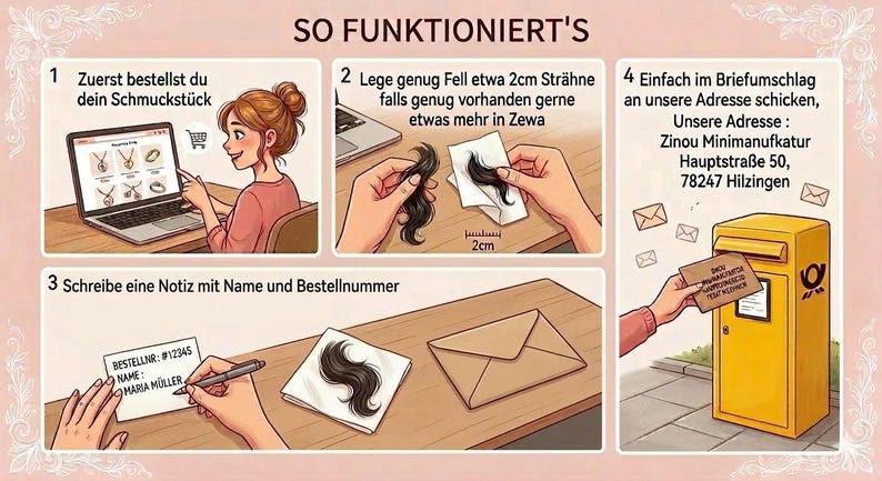 May include: An illustrated guide showing the steps to order jewelry. A woman orders jewelry online, then measures a 2cm strand of hair. She writes her name and order number, then mails it in an envelope.