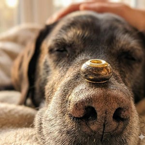 May include: A gold-colored, round charm with a dark, textured center rests on a dog's nose. The charm has a shiny, metallic band around the top and bottom. The dog is brown and appears to be resting.
