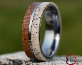 Whiskey Barrel and Deer Antler Ring with Tungsten Band, Mens Ring, Mens Wedding Band, Whiskey Barrel Ring, Deer Antler Ring