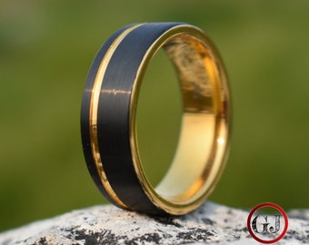 Tungsten Ring Brushed Black with Gold Accent Stripe, Mens Ring, Mens Wedding Band