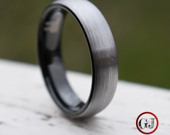 Tungsten Ring Brushed Silver with Black Comfort fit band, Mens Ring, Mens Wedding Band