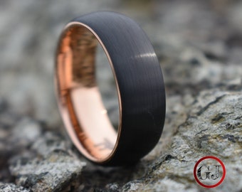 Black Brushed Tungsten Ring with Rose Gold Band, Mens Ring, Mens Wedding Band