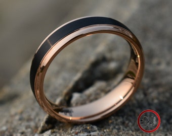 Bague en tungstène noir avec bords et anneau en or rose, bague pour homme, alliance pour homme