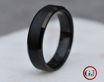 Bague en tungstène 6 mm noir brossé avec bord biseauté, bague pour homme, alliance pour homme