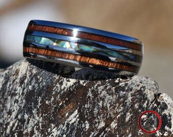 Tungsten 8mm Ring with Koa Wood and Shell Inlay, Mens Ring, Mens Wedding Band, Wood Ring