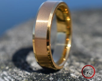 Tungsten Ring Brushed Gold with Bevelled Edges and Comfort fit band, Mens Ring, Mens Wedding Band