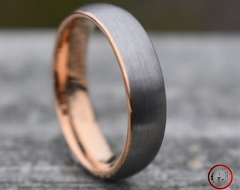 Tungsten Ring Brushed Silver with Rose Gold Comfort fit band, Mens Ring, Mens Wedding Band