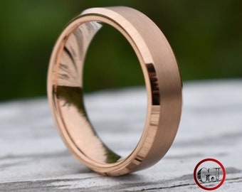 Tungsten Ring 6mm Brushed Rose Gold with Beveled Edge, Mens Ring, Mens Wedding Band