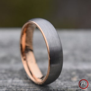 Tungsten Ring Brushed Silver with Rose Gold Comfort fit band, Mens Ring, Mens Wedding Band