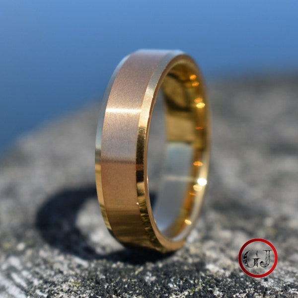 Tungsten Ring Brushed Gold with Bevelled Edges and Comfort fit band, Mens Ring, Mens Wedding Band