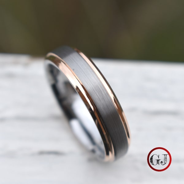 Tungsten Ring Brushed Silver with Rose Gold Bevelled Edges, Mens Ring, Mens Wedding Band