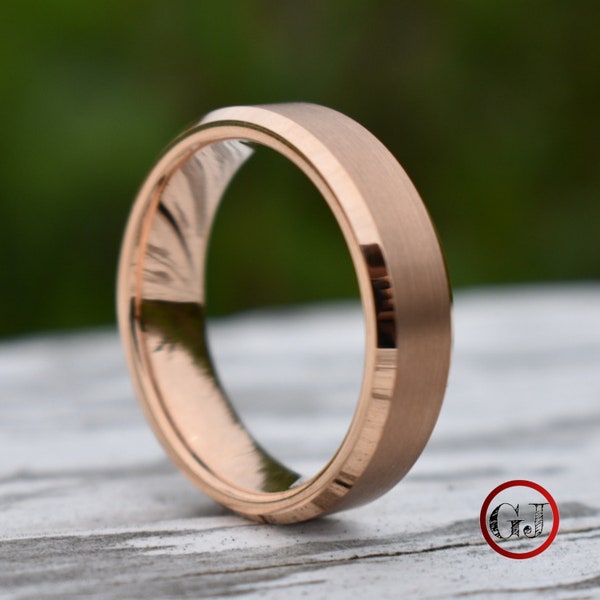 Tungsten Ring 6mm Brushed Rose Gold with Beveled Edge, Mens Ring, Mens Wedding Band