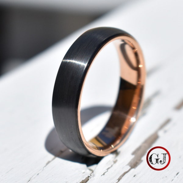 Bague en tungstène brossé noir de 6 mm avec bande en or rose, bague pour homme, alliance pour homme