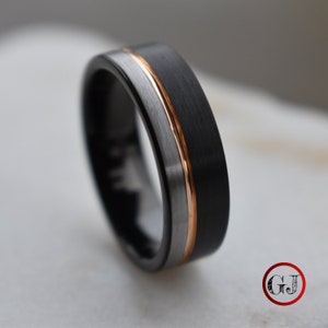 Tungsten Ring Black and Silver Brushed with Rose Gold Accent, Mens Ring, Mens Wedding Band image 1