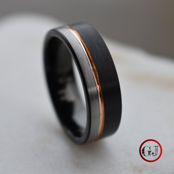 Tungsten Ring Black and Silver Brushed with Rose Gold Accent, Mens Ring, Mens Wedding Band