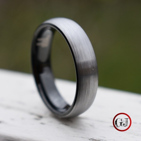 Tungsten Ring Brushed Silver with Black Comfort fit band, Mens Ring, Mens Wedding Band