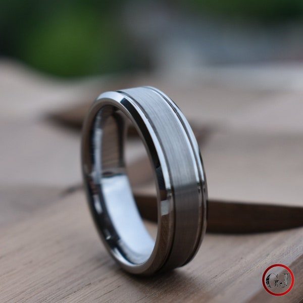 Silver Brushed Bevelled Edge Tungsten Ring, Mens Ring, Mens Wedding Band
