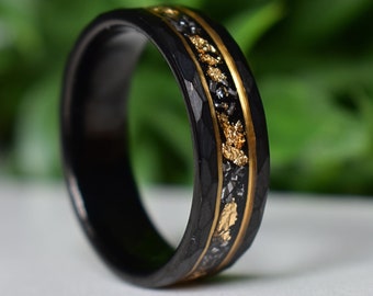 Hammered 8mm Black Tungsten Ring with 22K Gold Leaf and Meteorite Inlay