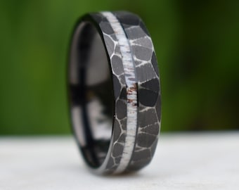 Tungsten 8mm Ring Distressed Black with Deer Antler Inlay, Mens Ring, Mens Wedding Band