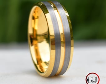 Tungsten Gold Ring with Brushed Silver Bands, Mens Wedding Band, Mens Ring