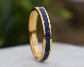 Tungsten 4mm Yellow Gold Ring Blue Sapphire German Glass Wedding Band, Womens Ring, Womens Wedding Band