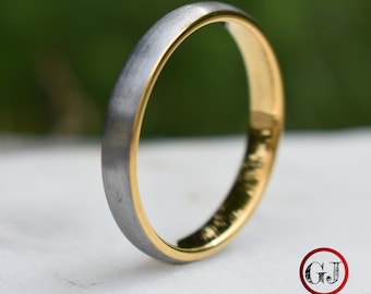 Tungsten Ring 4mm Brushed Silver with Yellow Gold Comfort fit band, Mens Ring, Mens Wedding Band