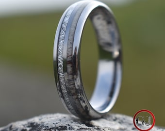 Bague en argent tungstène 6 mm avec bois de cerf et météorite, bague pour homme, alliance pour homme, alliance pour femme, bague météorite, bague en bois de cerf