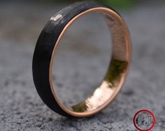 Hammered Black Tungsten 6mm Ring with Rose Gold Band, Mens Ring, Mens Wedding Band