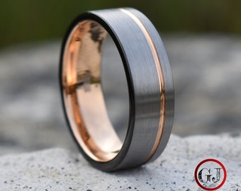 Tungsten Ring 8mm Brushed Silver with Rose Gold Stripe and Black Sides, Mens Ring, Mens Wedding Band