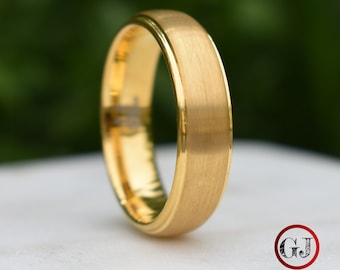 Tungsten Ring Gold Brushed Centre with a Stepped Edge, Mens Ring, Mens Wedding Band